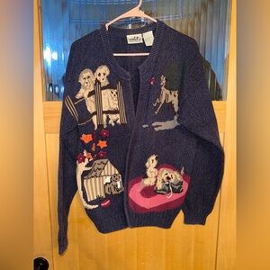 VNT northern reflections Cardigan Size M Dog Puppies Cottage Scene Cotton Farm